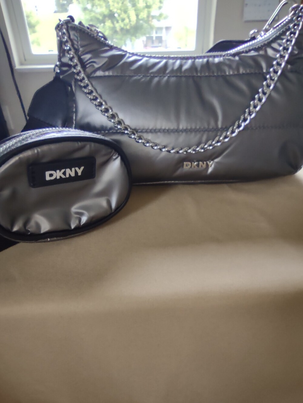 * Title: NWT DKNY Cairo MD Pouchette Metallic Quilted Crossbody Bag Gray Pewter